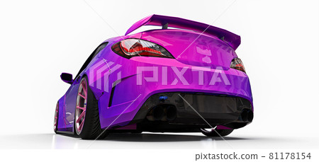 Purple small sports car coupe. Advanced racing tuning with special parts and wheel extensions. 3d rendering. Purple small sports car coupe. Advanced racing tuning with special parts and wheel extensions. 3d rendering. 81178154