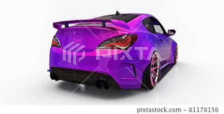 Purple small sports car coupe. Advanced racing tuning with special parts and wheel extensions. 3d rendering. Purple small sports car coupe. Advanced racing tuning with special parts and wheel extensions. 3d rendering. 81178156