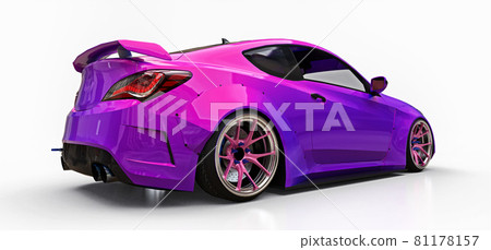 Purple small sports car coupe. Advanced racing tuning with special parts and wheel extensions. 3d rendering. Purple small sports car coupe. Advanced racing tuning with special parts and wheel extensions. 3d rendering. 81178157