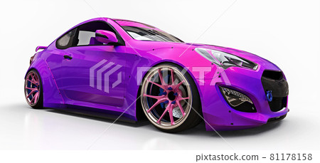 Purple small sports car coupe. Advanced racing tuning with special parts and wheel extensions. 3d rendering. Purple small sports car coupe. Advanced racing tuning with special parts and wheel extensions. 3d rendering. 81178158
