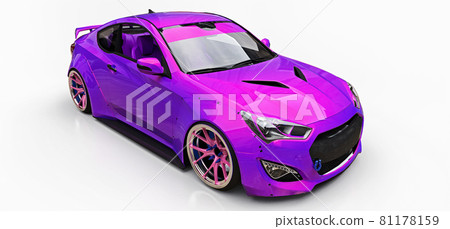 Purple small sports car coupe. Advanced racing tuning with special parts and wheel extensions. 3d rendering. Purple small sports car coupe. Advanced racing tuning with special parts and wheel extensions. 3d rendering. 81178159