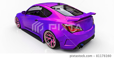 Purple small sports car coupe. Advanced racing tuning with special parts and wheel extensions. 3d rendering. Purple small sports car coupe. Advanced racing tuning with special parts and wheel extensions. 3d rendering. 81178160