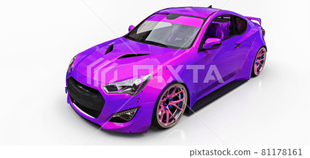 Purple small sports car coupe. Advanced racing tuning with special parts and wheel extensions. 3d rendering. Purple small sports car coupe. Advanced racing tuning with special parts and wheel extensions. 3d rendering. 81178161