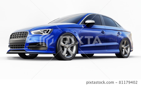 Super fast sports car color blue metallic on a white background. Body shape sedan. Tuning is a version of an ordinary family car. 3d rendering. 81179402