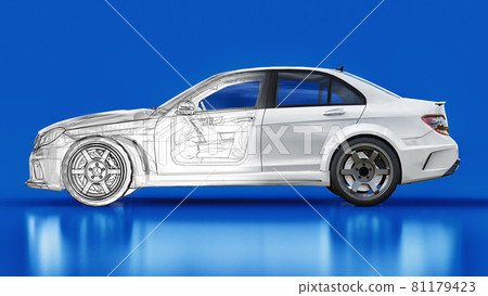 Super fast white sports car on a blue background. Body shape sedan. Tuning is a version of an ordinary family car. 3d rendering. 81179423