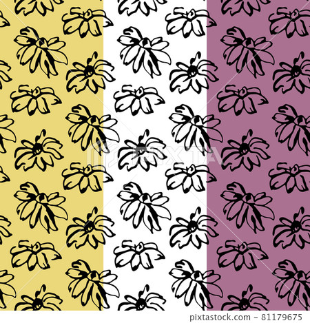 Floral seamless pattern. Ink brush stroke design. Free hand painted flowers, black grunge line contour. Lilac, white, yellow easy editable color background. Vector Floral seamless pattern. Ink brush stroke design. Free hand painted flowers, black grunge line contour. Lilac, white, yellow easy editable color background. Vector 81179675