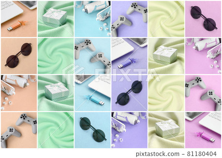 A set of pictures with fashionable youth objects on a soft fleece surface. Trendy pastel light colors A set of pictures with fashionable youth objects on a soft fleece surface. Trendy pastel light colors 81180404