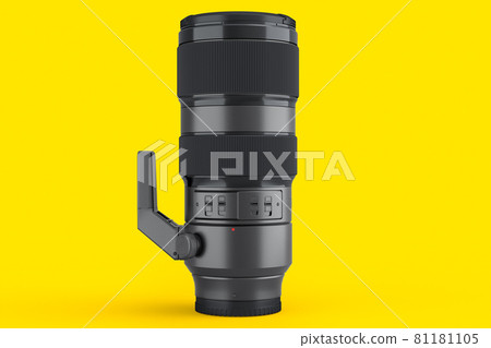 Modern nonexistent DSLR telephoto camera lens on yellow background 81181105