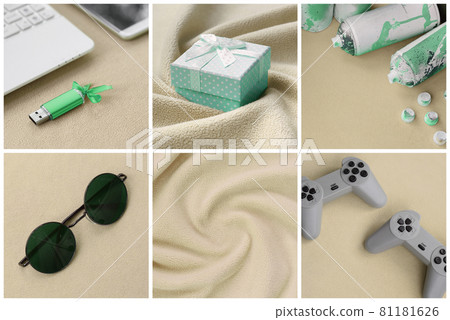 A set of pictures with fashionable youth objects on a soft fleece surface. Pastel yellow and green colors 81181626