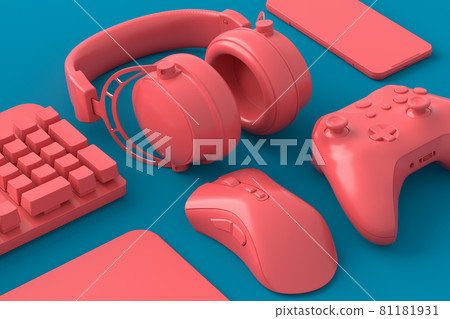 Top view of gamer workspace and gear like mouse, keyboard, joystick, headset, VR Top view of gamer workspace and gear like mouse, keyboard, joystick, headset, VR 81181931