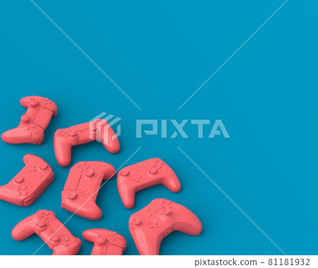 Set of lying gamer joysticks or gamepads on blue and pink background 81181932