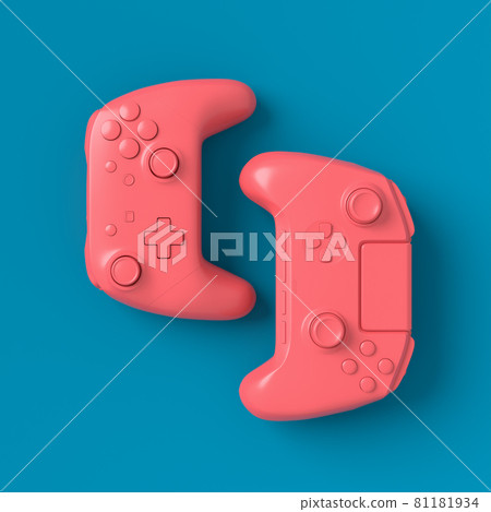 Set of lying gamer joysticks or gamepads on blue and pink background 81181934