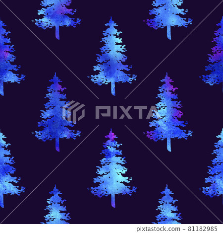 XMAS watercolour Fir Tree Seamless Pattern in White Color on Dark Blue background. Hand-Painted Spruce Pine tree wallpaper for Ornament, Wrapping or Christmas Decoration 81182985