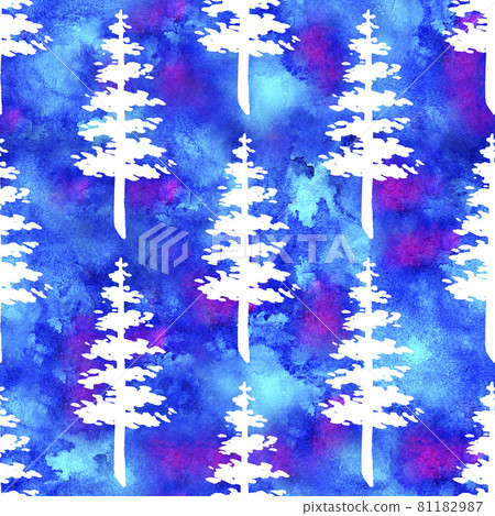 XMAS watercolour Fir Tree Seamless Pattern in White Color on Blue watercolor background. Hand-Painted Spruce Pine tree wallpaper for Ornament, Wrapping or Christmas Decoration 81182987