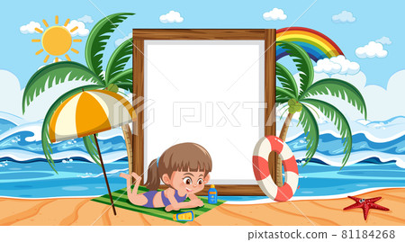 Kids on vacation at the beach daytime scene with an empty banner template 81184268