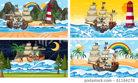 Set of different beach scenes with pirate ship 81184278