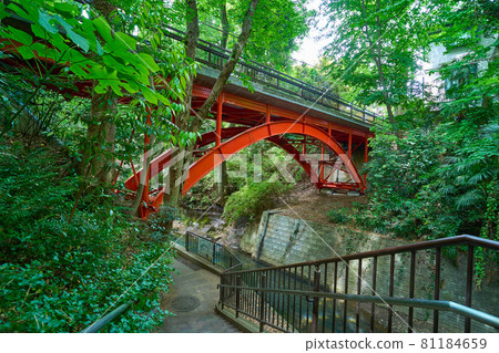Red golf bridge and fresh green over Todoroki Valley in Setagaya-ku, Tokyo Red golf bridge and fresh green over Todoroki Valley in Setagaya-ku, Tokyo 81184659