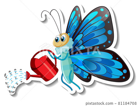 Sticker template with cartoon character of a butterfly holding a watering pot isolated Sticker template with cartoon character of a butterfly holding a watering pot isolated 81184708