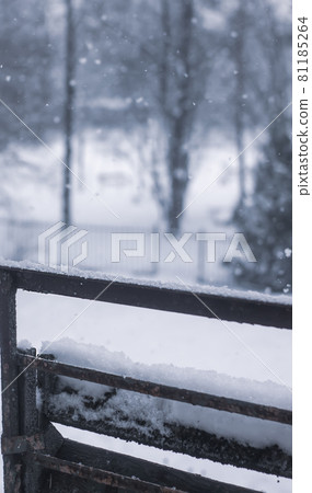 Fresh snow on the metal balcony railing 81185264
