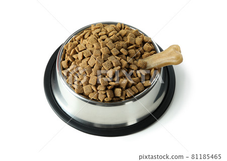 Pet bowl with feed isolated on white background 81185465