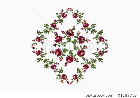 Embroidery rhomboid frame from borders with roses of red-pink petals on a branch with green leaves and buds on a white background Embroidery rhomboid frame from borders with roses of red-pink petals on a branch with green leaves and buds on a white background 81185712
