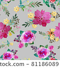 Romantic floral seamless pattern with rose flowers and leaf. Print for textile wallpaper endless. Hand-drawn watercolor elements. Beauty bouquets. Pink, red. green on gray background. 81186089