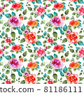 Vintage floral seamless pattern with rose flowers and leaf. Print for textile wallpaper endless. Hand-drawn watercolor elements. Beauty bouquets. Pink, red. green on white background. 81186111