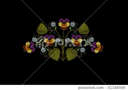 A pattern for embroidery a delicate bouquet of pansies with purple-orange petals, bluish flowers and leaves on a black background 81186569