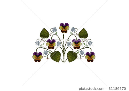 Embroidery of a delicate bouquet of twigs of pansies of purple-orange petals, blue flowers and leaves on a white background Embroidery of a delicate bouquet of twigs of pansies of purple-orange petals, blue flowers and leaves on a white background 81186570