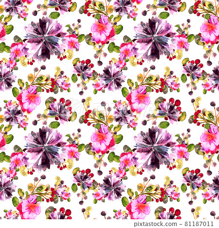 Watercolor floral pattern. Seamless with purple and pink bouquet on white background. 81187011