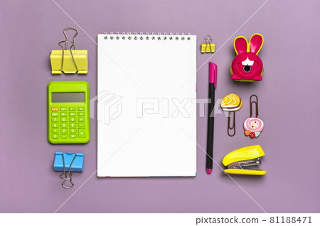 Stationary, back to school, summer time, creativity and education concept School supplies - magnifier, pencils, pen, paper clips, stapler and notepad on purple background, flat lay Mock up Top view Stationary, back to school, summer time, creativity and education concept School supplies - magnifier, pencils, pen, paper clips, stapler and notepad on purple background, flat lay Mock up Top view 81188471