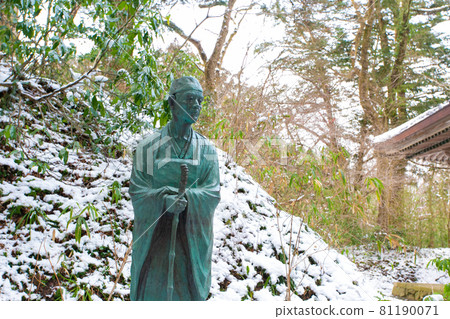 World heritage site in Iwate Prefecture, Chusonji Temple in winter, Basho Matsuo statue 81190071