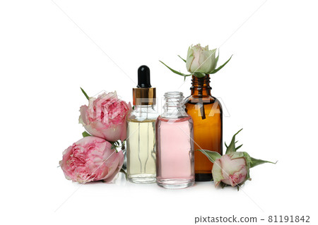 Rose essential oil isolated on white background Rose essential oil isolated on white background 81191842
