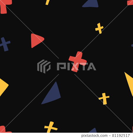Bright triangles, Plus signs and Crosses psychedelic seamless hand drawn pattern. Geometric random Vector pattern for textile, design elements. Bright triangles, Plus signs and Crosses psychedelic seamless hand drawn pattern. Geometric random Vector pattern for textile, design elements. 81192517