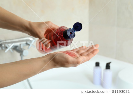 Female hands apply shower gel, close up Female hands apply shower gel, close up 81193021
