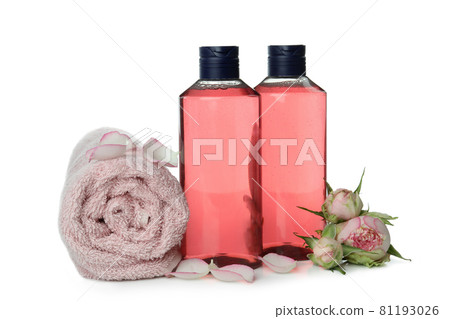 Shower gels, towel and roses isolated on white background Shower gels, towel and roses isolated on white background 81193026