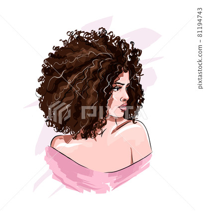 Beautiful young woman with curly hair. Stylish african american girl with afro hairstyle, colored drawing, realistic Beautiful young woman with curly hair. Stylish african american girl with afro hairstyle, colored drawing, realistic 81194743