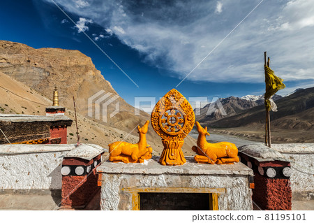 Dharmachakra Wheel of Life in Key gompa Tibetan Buddhist monastery . Spiti Valley, Himachal Pradesh, India Dharmachakra Wheel of Life in Key gompa Tibetan Buddhist monastery . Spiti Valley, Himachal Pradesh, India 81195101