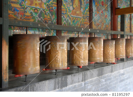 Wutaishan, Shanxi Province in China. Spinning prayer wheels at Tayuan Temple. Wutaishan is one of the four sacred mountains in Chinese Buddhism. Wutaishan, Shanxi Province in China. Spinning prayer wheels at Tayuan Temple. Wutaishan is one of the four sacred mountains in Chinese Buddhism. 81195297