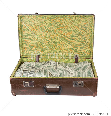 A front view of old opened brown suitcase full of hundred dollar banknotes isolated on white background A front view of old opened brown suitcase full of hundred dollar banknotes isolated on white background 81195531