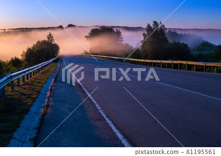 dence early morning fog in wold at summer highway near river with guard rails 81195561