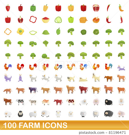 100 farm icons set, cartoon style 100 farm icons set, cartoon style 81196471