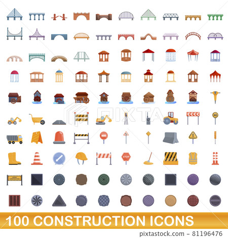 100 construction icons set, cartoon style 81196476
