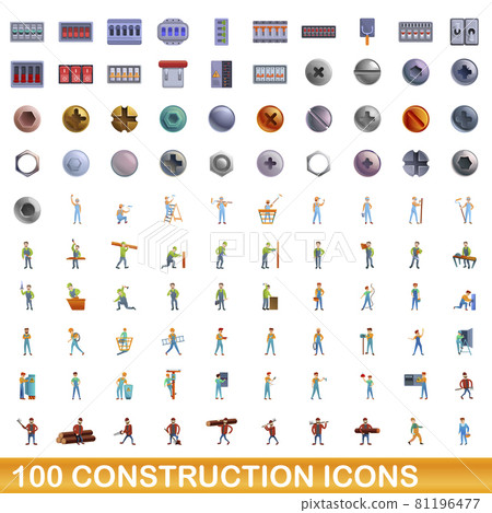 100 construction icons set, cartoon style 100 construction icons set, cartoon style 81196477