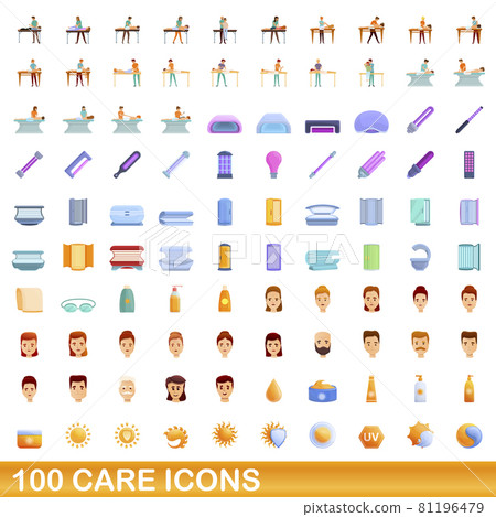 100 care icons set, cartoon style 81196479