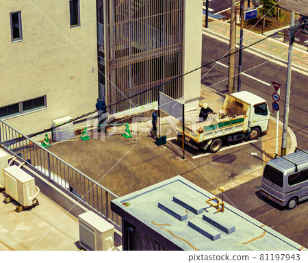 Construction workers are unloading a small van. Construction workers are unloading a small van. 81197943