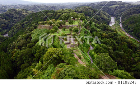 Drone aerial view of "Honmaru Ruins" at Oka Castle Ruins, Taketa City Drone aerial view of "Honmaru Ruins" at Oka Castle Ruins, Taketa City 81198245