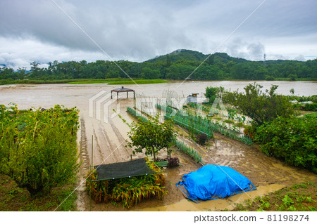 被大雨淹沒的河流和淹沒在水中的田野 被大雨淹沒的河流和淹沒在水中的田野 81198274