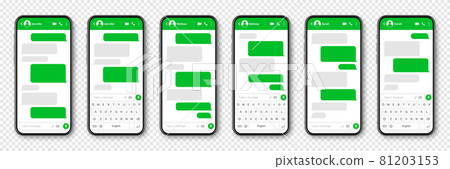 Realistic smartphone with messaging app. Blank SMS text frame. Conversation chat screen with green Realistic smartphone with messaging app. Blank SMS text frame. Conversation chat screen with green 81203153