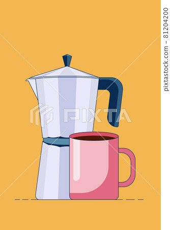 Cartoon vector illustration of a simple geyser coffee maker with hot coffee in a pink mug isolated on a yellow background. Vector illustration in a flat style. Vector illustration Cartoon vector illustration of a simple geyser coffee maker with hot coffee in a pink mug isolated on a yellow background. Vector illustration in a flat style. Vector illustration 81204200